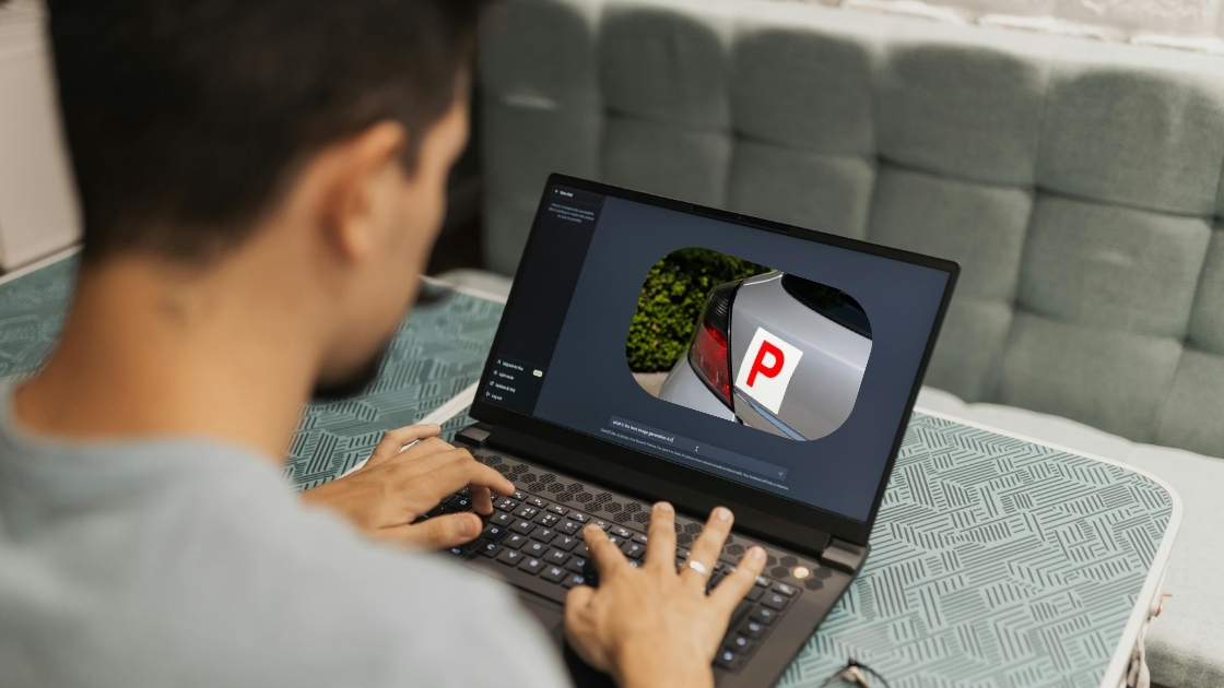 p-plate-ai-scam Man looking at chatgpt on computer with a p plate symbol in car